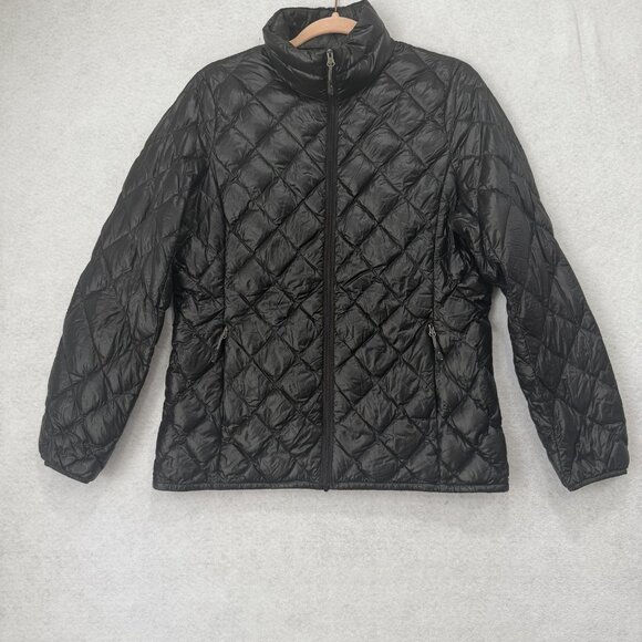 Down Puffer Jacket Womens Medium Black Quilted Diamond Packable Zip Pockets - Picture 1 of 8